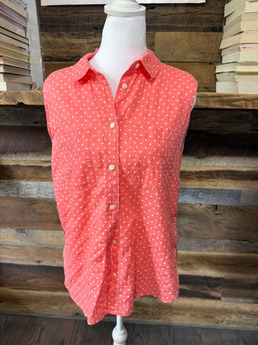 Madewell Coral Sleeveless Button-Down with Cream Polka Dots